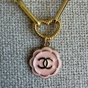 Upcycled enamel Pink and Gold Flower Pendant Necklace